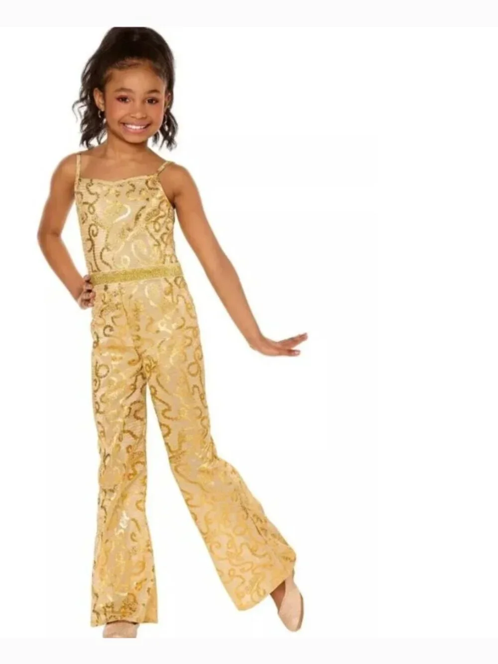 Barbie Movie Disco Halloween Costume 7/8 Gold Jumpsuit Girls 1 Pc